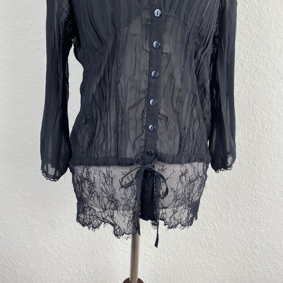 Vtg M Witchy Button Up Blouse Black Lace Trim Sheer Whimsigoth Y2k Office Siren - Picture 3 of 7
